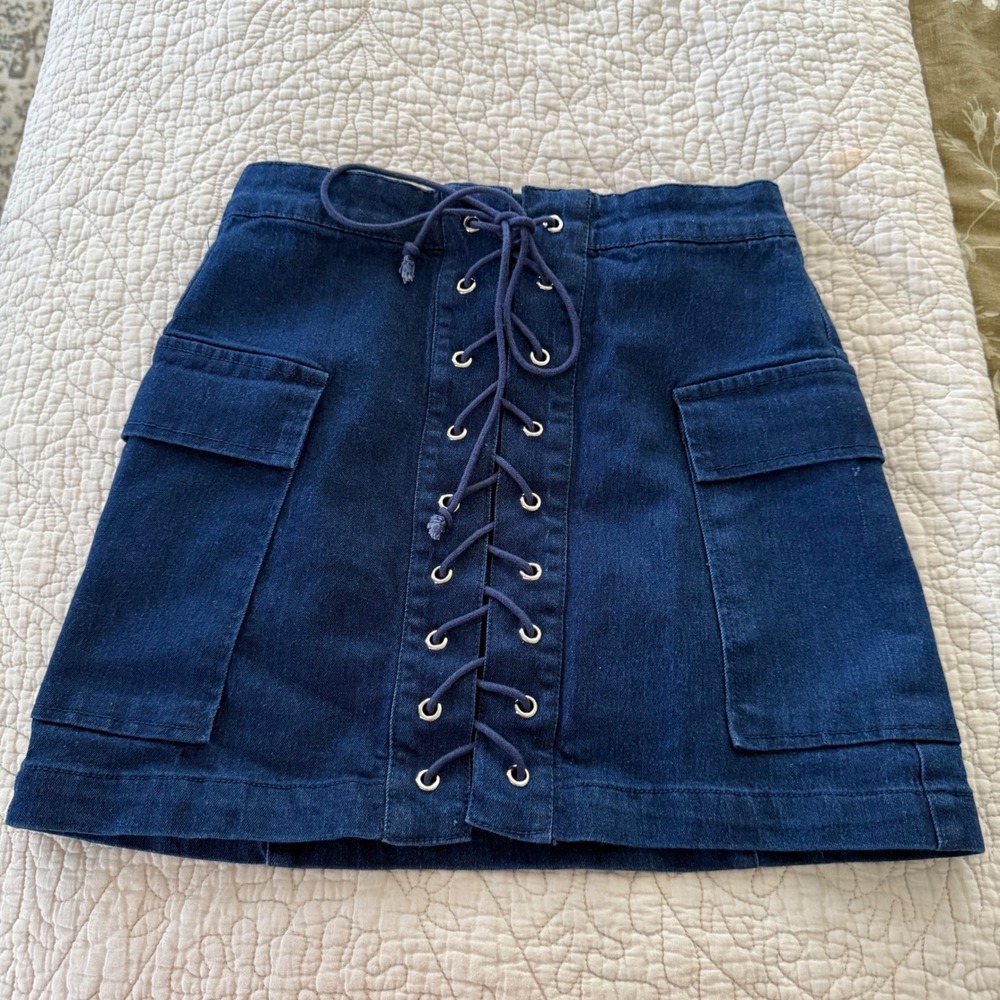 Signature8 Denim Mini Skirt Size S Lace Up Corset Cargo Y2K Dark Wash NWT